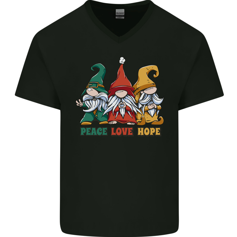 Peace Love Hope 3 Gnomes Mens V-Neck Cotton T-Shirt Black