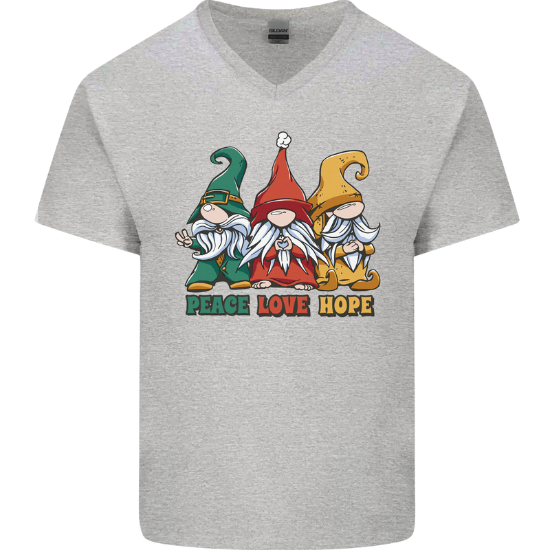 Peace Love Hope 3 Gnomes Mens V-Neck Cotton T-Shirt Sports Grey