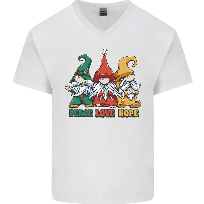 Peace Love Hope 3 Gnomes Mens V-Neck Cotton T-Shirt White