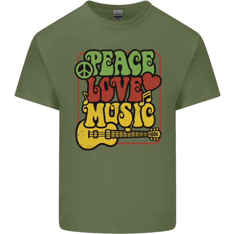 Peace Love Music Guitar Hippy Flower Power Mens Cotton T-Shirt Tee Top Military Green