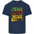 Peace Love Music Guitar Hippy Flower Power Mens Cotton T-Shirt Tee Top Navy Blue