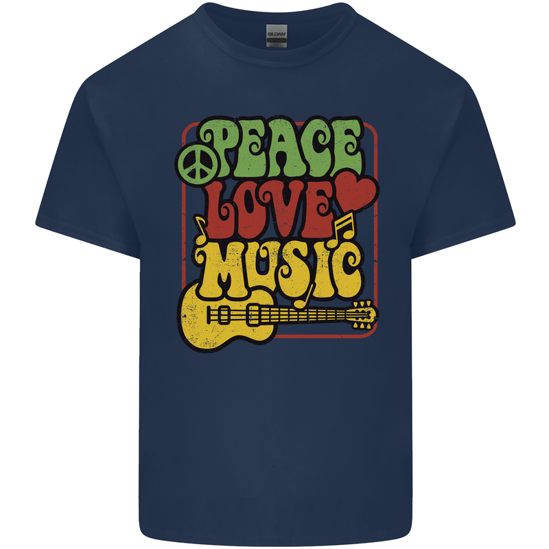 Peace Love Music Guitar Hippy Flower Power Mens Cotton T-Shirt Tee Top Navy Blue