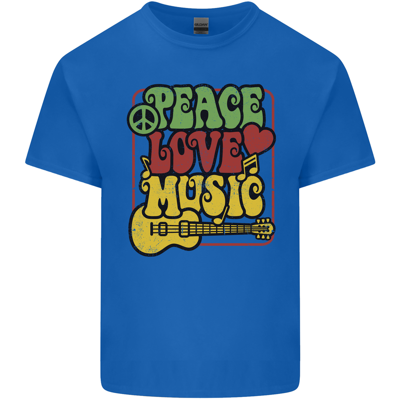 Peace Love Music Guitar Hippy Flower Power Mens Cotton T-Shirt Tee Top Royal Blue