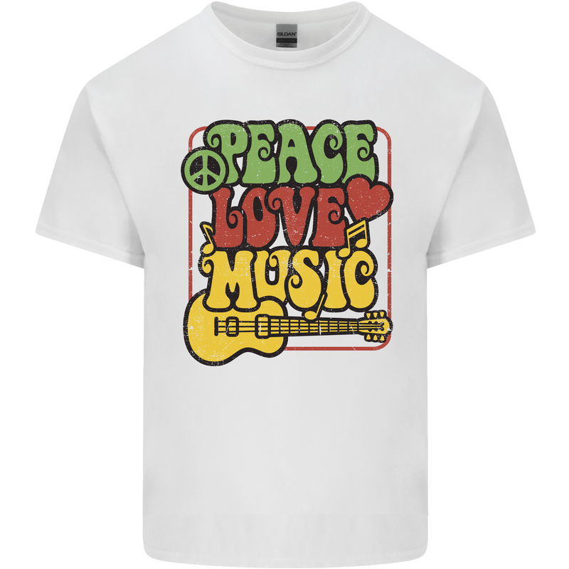 Peace Love Music Guitar Hippy Flower Power Mens Cotton T-Shirt Tee Top White