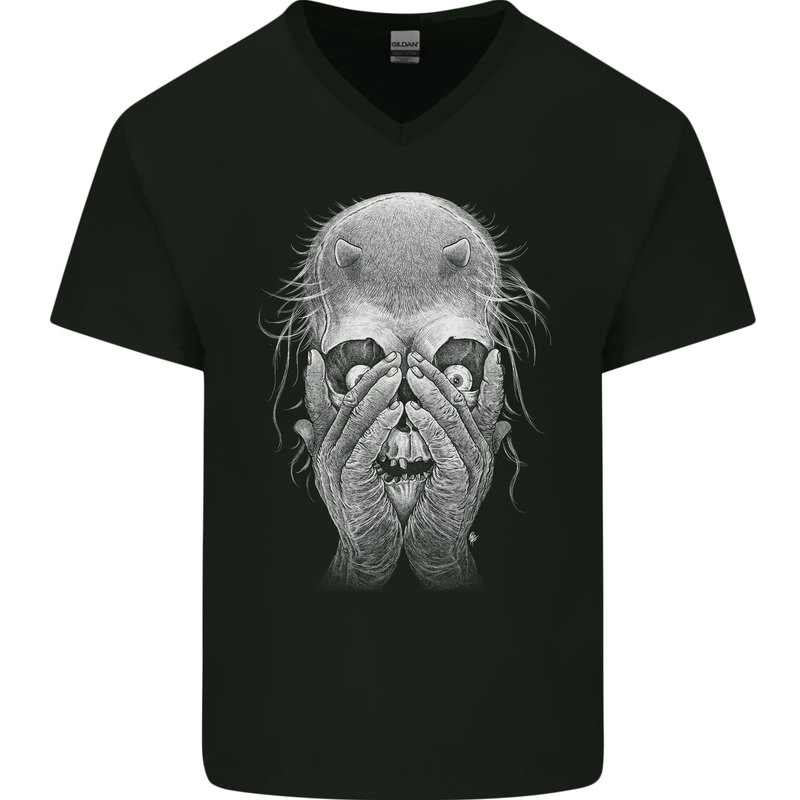 Peekaboo Demon Devil Skull Mens V-Neck Cotton T-Shirt Black