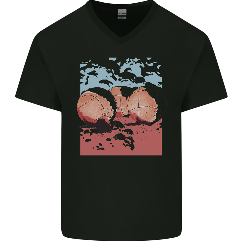 Petanque Balls Boules Bowls Mens V-Neck Cotton T-Shirt Black