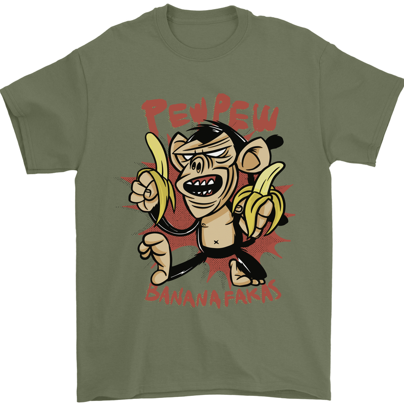 Pew Pew Bananafakas Bananas Monkey Crazy Mens T-Shirt 100% Cotton Military Green