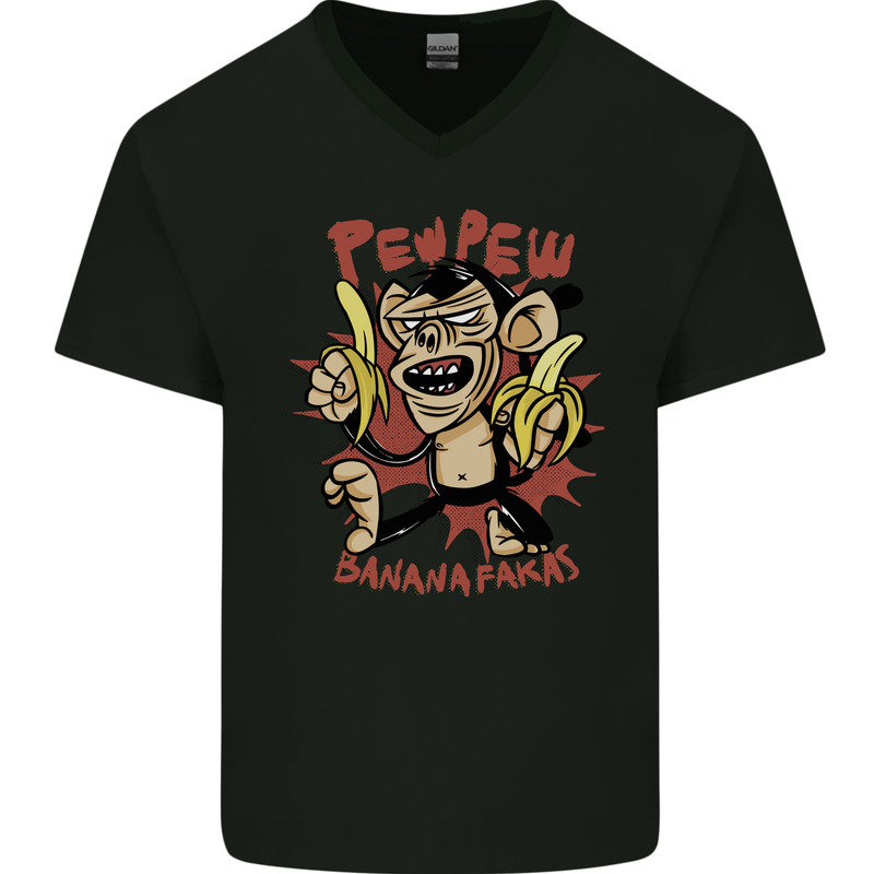Pew Pew Bananafakas Bananas Monkey Crazy Mens V-Neck Cotton T-Shirt Black