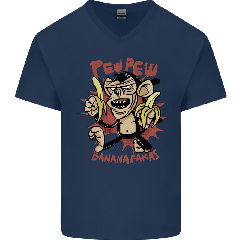 Pew Pew Bananafakas Bananas Monkey Crazy Mens V-Neck Cotton T-Shirt Navy Blue