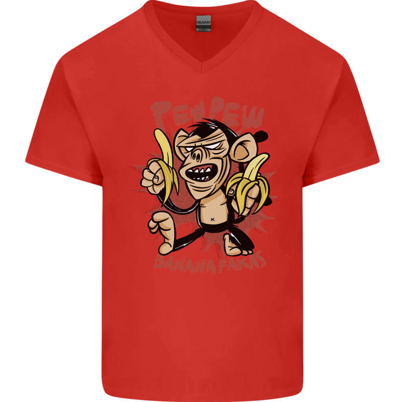 Pew Pew Bananafakas Bananas Monkey Crazy Mens V-Neck Cotton T-Shirt Red