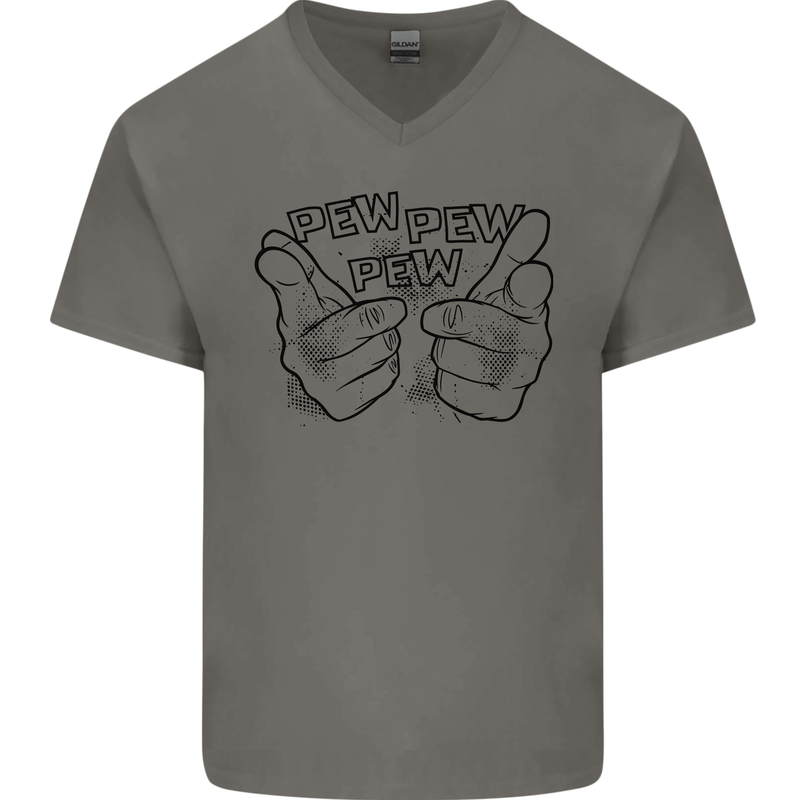 Pew Pew Pew Hands Funny Lightsaber Sci-Fi Mens V-Neck Cotton T-Shirt Charcoal