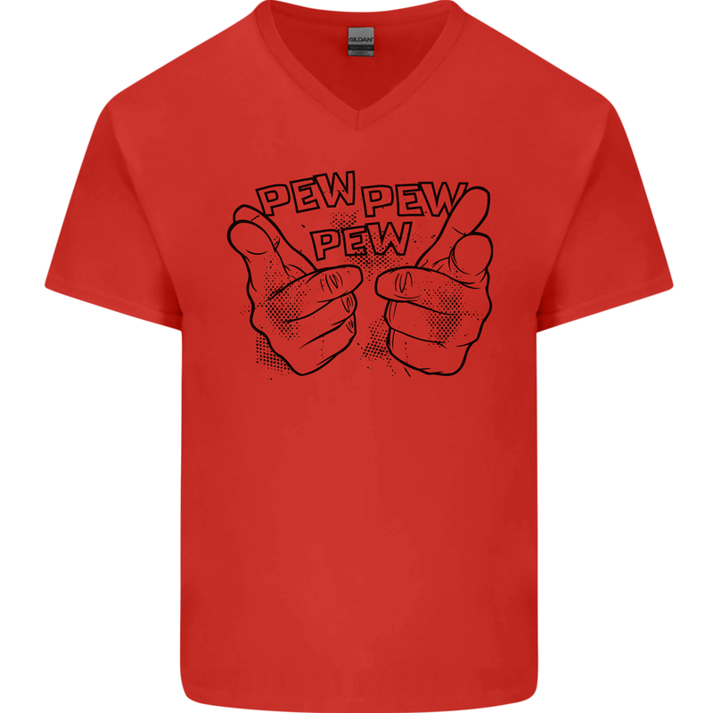 Pew Pew Pew Hands Funny Lightsaber Sci-Fi Mens V-Neck Cotton T-Shirt Red