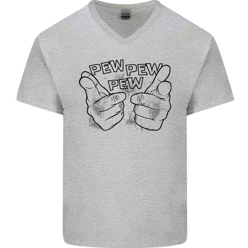 Pew Pew Pew Hands Funny Lightsaber Sci-Fi Mens V-Neck Cotton T-Shirt Sports Grey