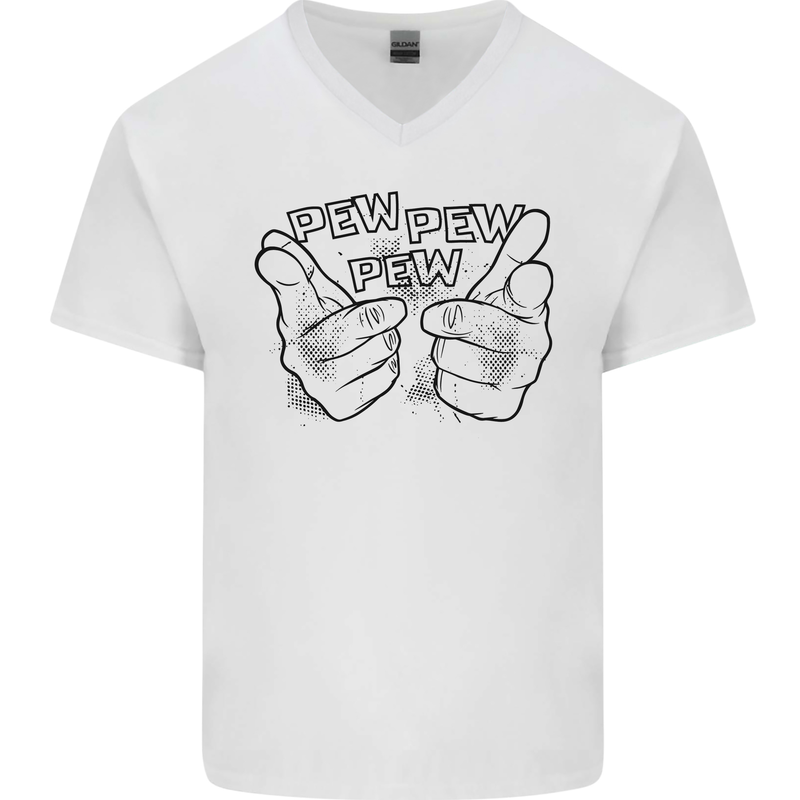 Pew Pew Pew Hands Funny Lightsaber Sci-Fi Mens V-Neck Cotton T-Shirt White