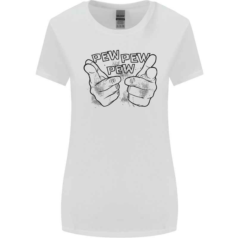 Pew Pew Pew Hands Funny Lightsaber Sci-Fi Womens Wider Cut T-Shirt White