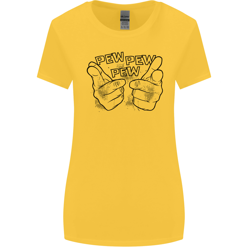 Pew Pew Pew Hands Funny Lightsaber Sci-Fi Womens Wider Cut T-Shirt Yellow