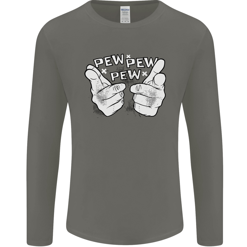 Pew Pew Pew Hands Funny Sci-Fi Lightsaber Mens Long Sleeve T-Shirt Charcoal