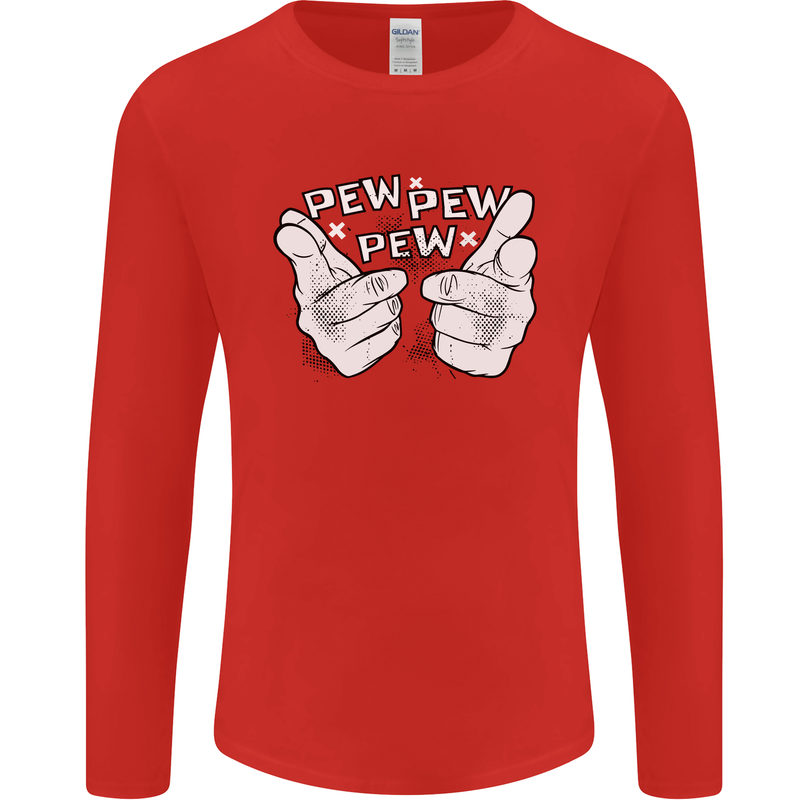 Pew Pew Pew Hands Funny Sci-Fi Lightsaber Mens Long Sleeve T-Shirt Red