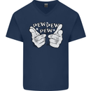 Pew Pew Pew Hands Funny Sci-Fi Lightsaber Mens V-Neck Cotton T-Shirt Navy Blue