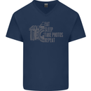 Photography Eat Sleep Photos Photographer Mens V-Neck Cotton T-Shirt Navy Blue