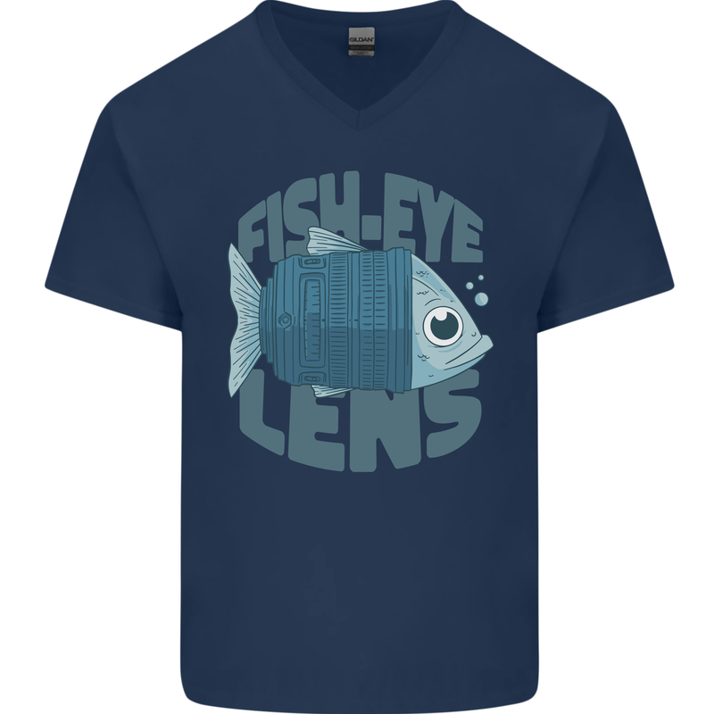 Photography Funny Fisheye Lens Photographer Mens V-Neck Cotton T-Shirt Navy Blue
