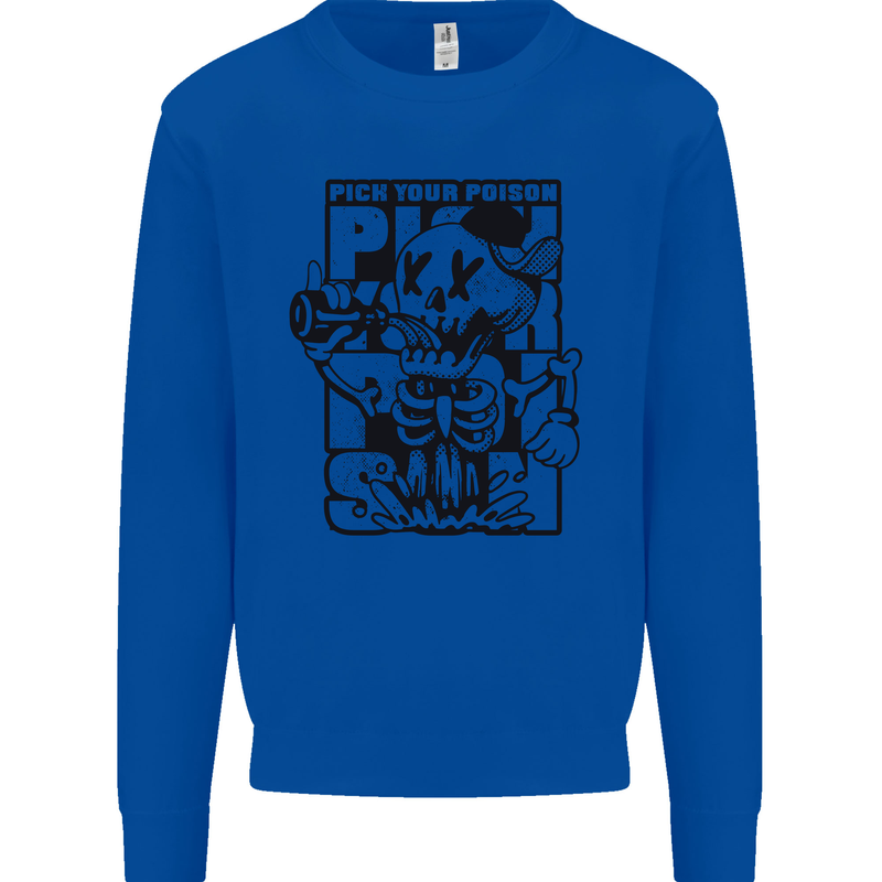Pick Your Poison Beer Alcohol Skeleton Skull Kids Sweatshirt Jumper Royal Blue