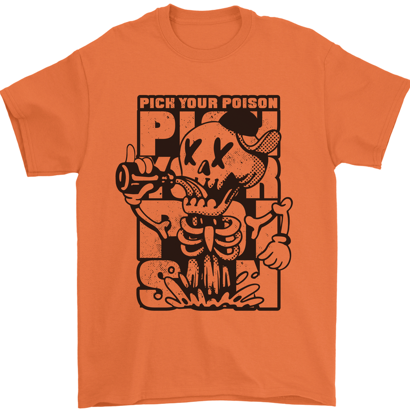 Pick Your Poison Beer Alcohol Skeleton Skull Mens T-Shirt 100% Cotton Orange