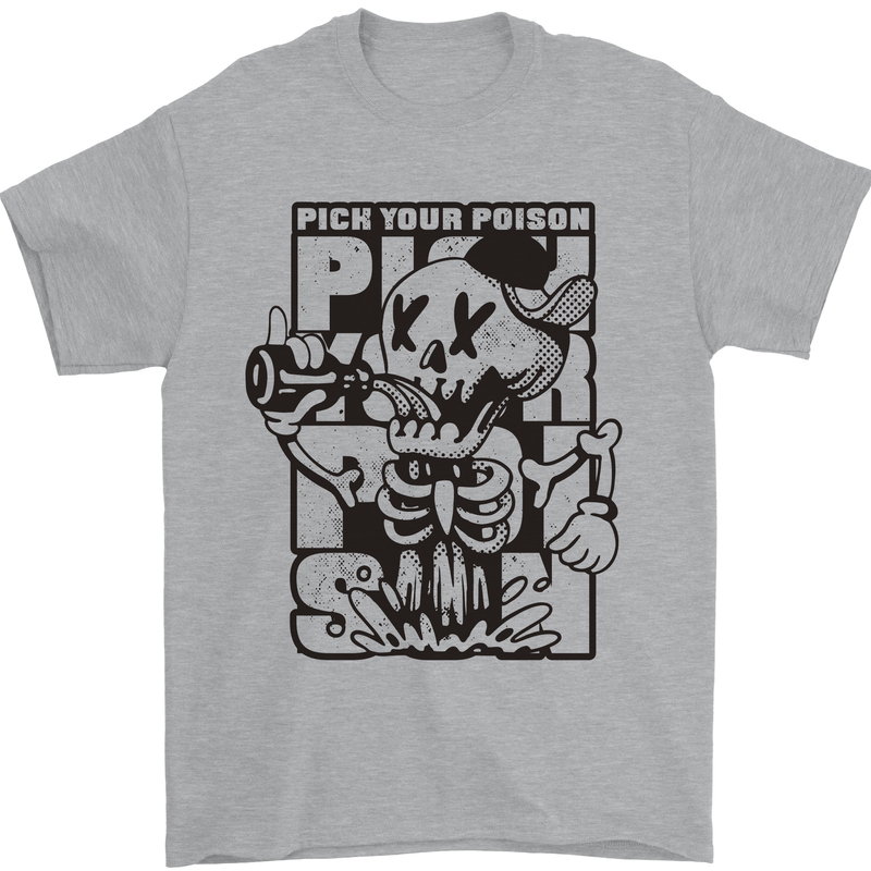 Pick Your Poison Beer Alcohol Skeleton Skull Mens T-Shirt 100% Cotton Sports Grey