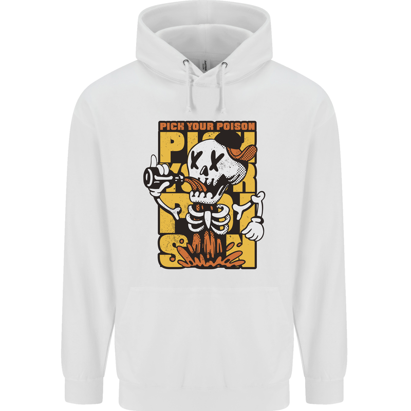 Pick Your Poison Beer Alcohol Skull Skeleton Childrens Kids Hoodie White