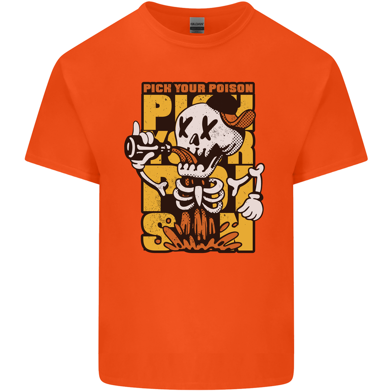 Pick Your Poison Beer Alcohol Skull Skeleton Mens Cotton T-Shirt Tee Top Orange
