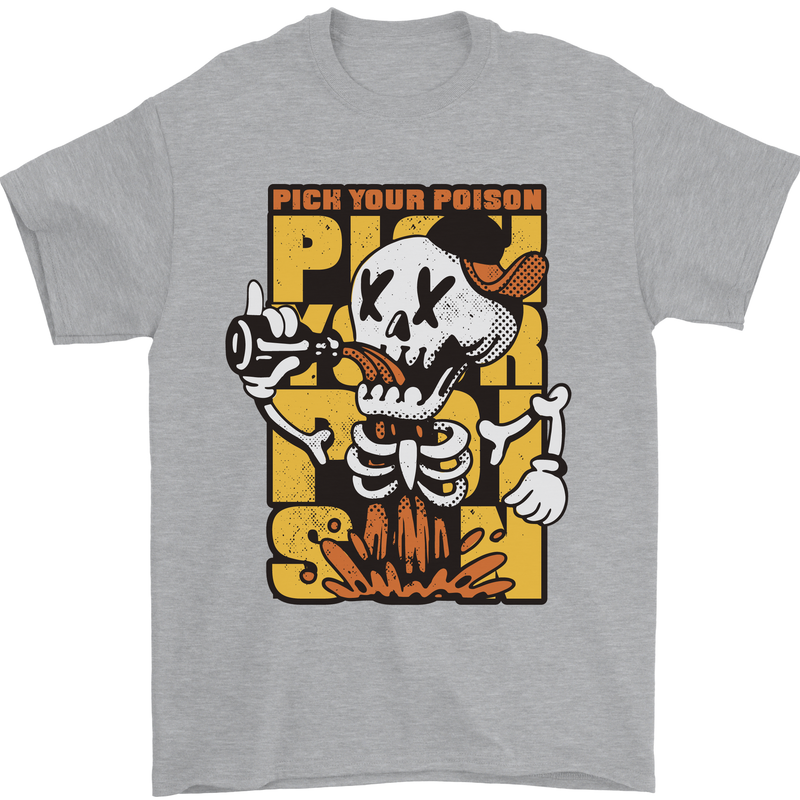 Pick Your Poison Beer Alcohol Skull Skeleton Mens T-Shirt 100% Cotton Sports Grey