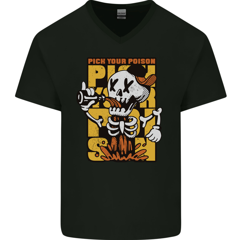 Pick Your Poison Beer Alcohol Skull Skeleton Mens V-Neck Cotton T-Shirt Black