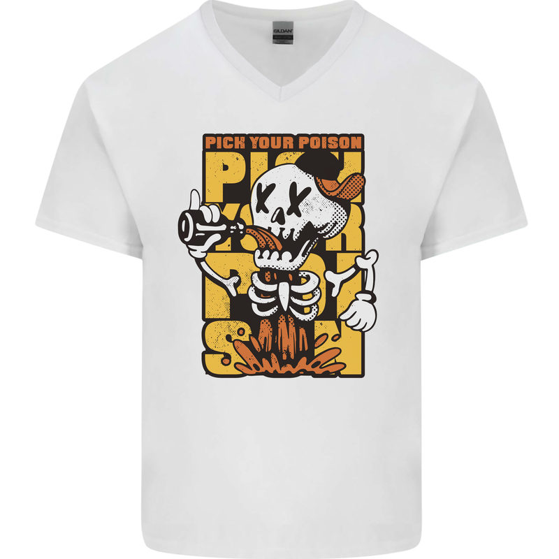 Pick Your Poison Beer Alcohol Skull Skeleton Mens V-Neck Cotton T-Shirt White