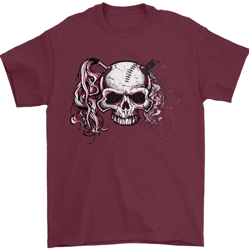 Pigtail Punk Rock Girl Skull Mens T-Shirt 100% Cotton Maroon