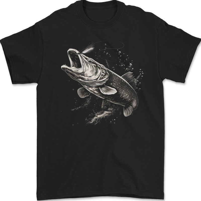 Pike Fish on a Line Fishing Fisherman Mens Gildan Cotton T-Shirt Black