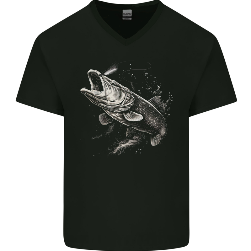 Pike Fish on a Line Fishing Fisherman Mens V-Neck Cotton T-Shirt Black