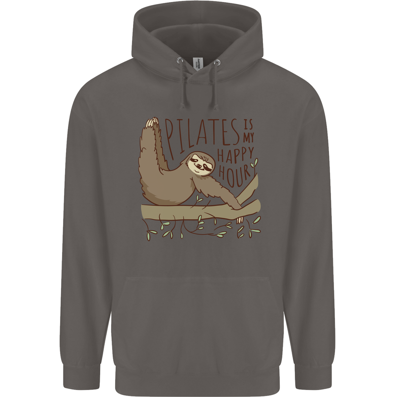 Pilates My Happy Hour Funny Yoga Sloth Mens 80% Cotton Hoodie Charcoal