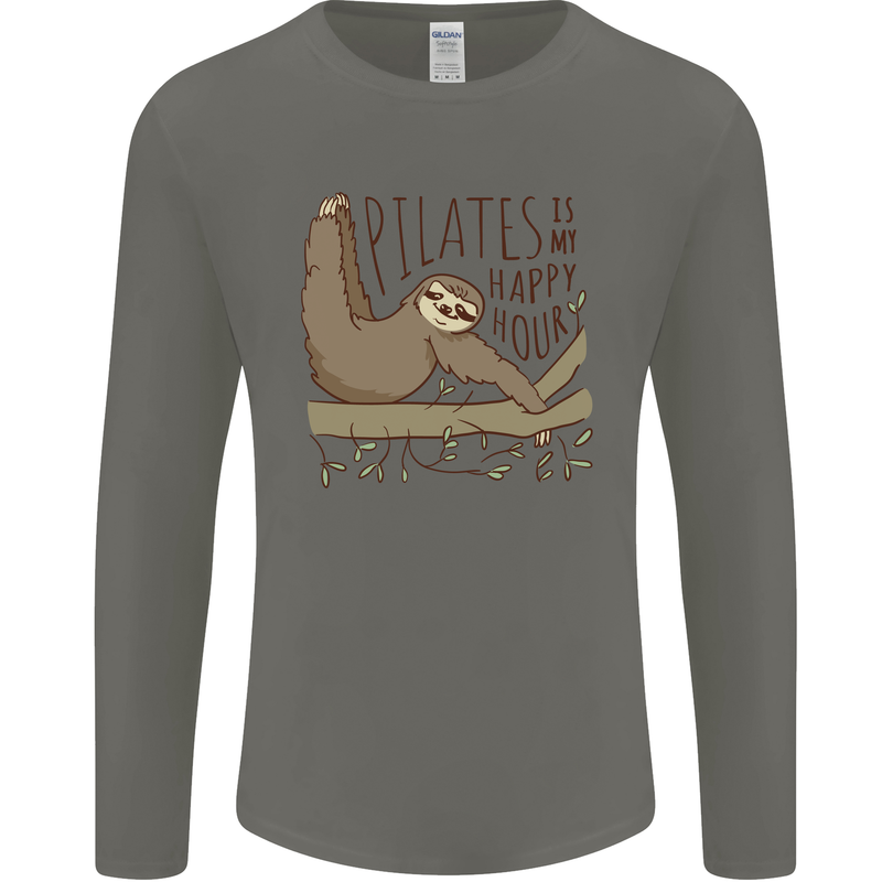Pilates My Happy Hour Funny Yoga Sloth Mens Long Sleeve T-Shirt Charcoal