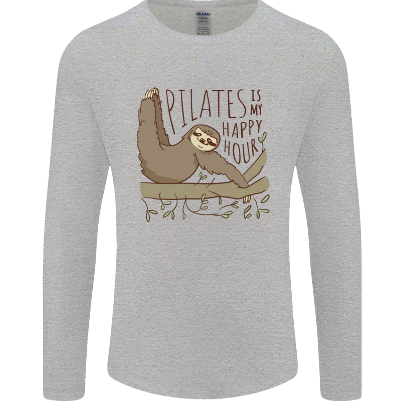 Pilates My Happy Hour Funny Yoga Sloth Mens Long Sleeve T-Shirt Sports Grey