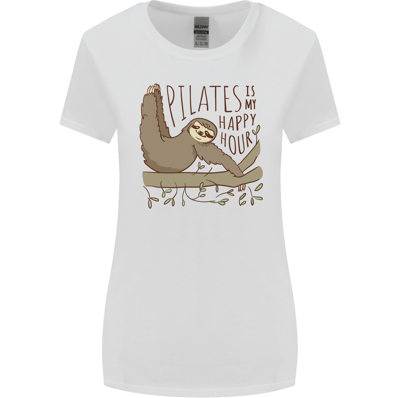Pilates My Happy Hour Funny Yoga Sloth Womens Wider Cut T-Shirt White