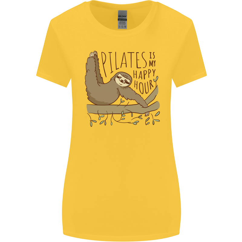 Pilates My Happy Hour Funny Yoga Sloth Womens Wider Cut T-Shirt Yellow