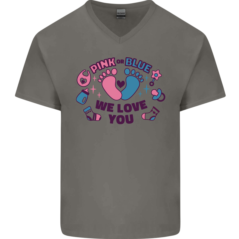 Pink or Blue New Baby Pregnancy Pregnant Mens V-Neck Cotton T-Shirt Charcoal