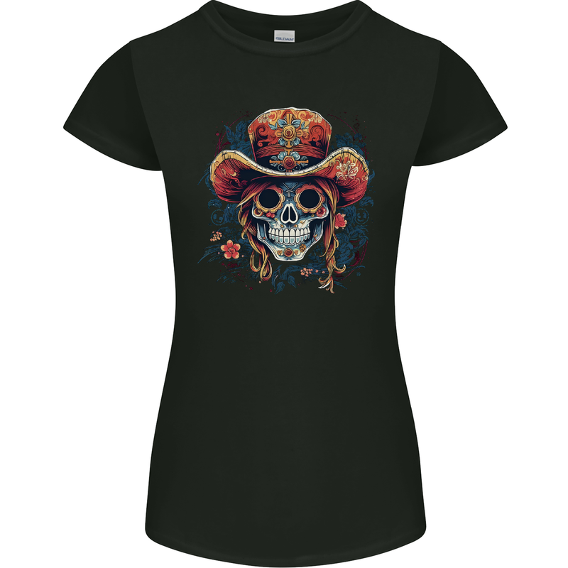 Pirate Sugar Skull Day of the Dead DOTD Womens Petite Cut T-Shirt Black