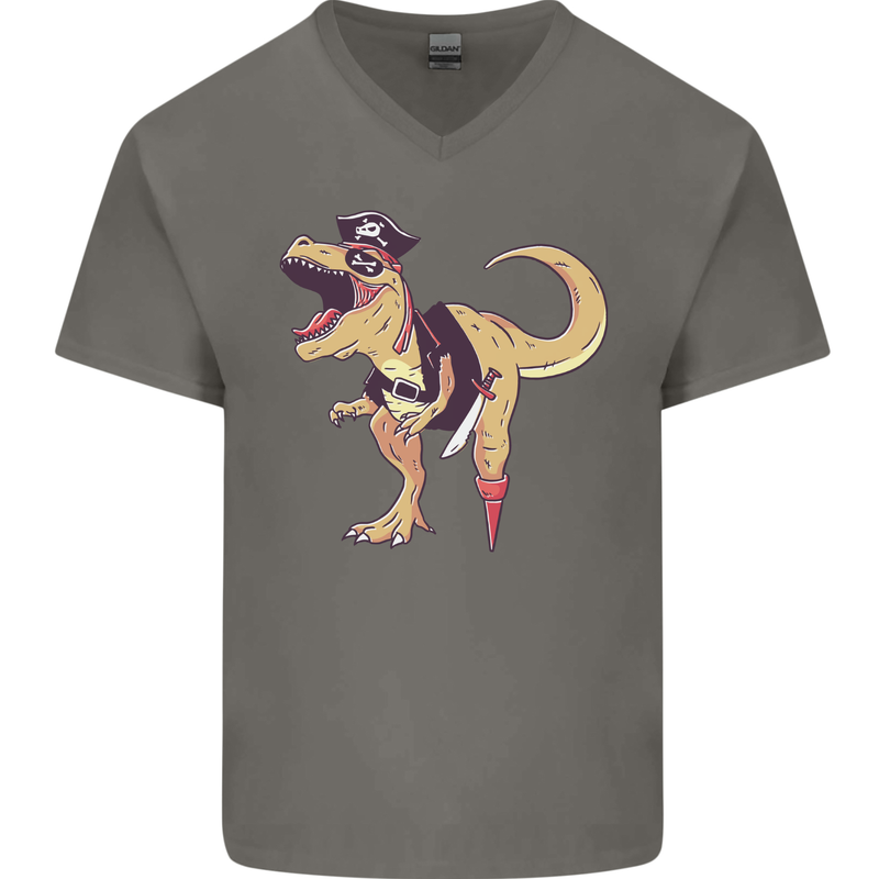 Pirate T-Rex Funny Dinosaur Mens V-Neck Cotton T-Shirt Charcoal