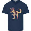 Pirate T-Rex Funny Dinosaur Mens V-Neck Cotton T-Shirt Navy Blue