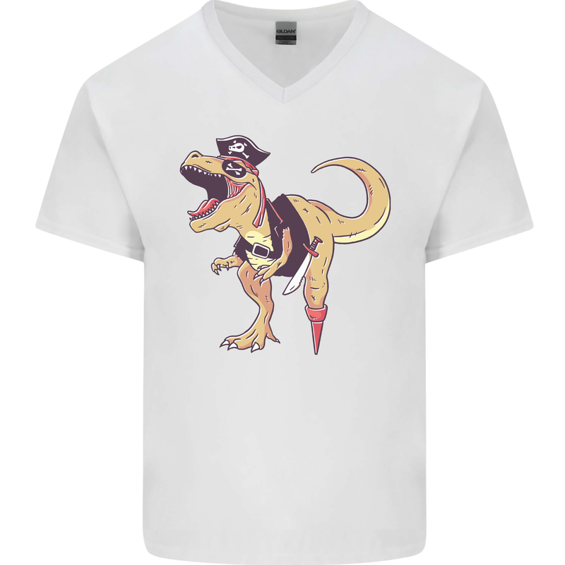 Pirate T-Rex Funny Dinosaur Mens V-Neck Cotton T-Shirt White
