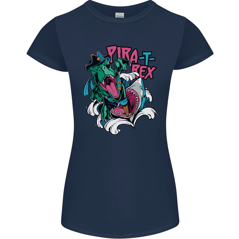 Pirate T-Rex Funny Dinosaur Womens Petite Cut T-Shirt Navy Blue