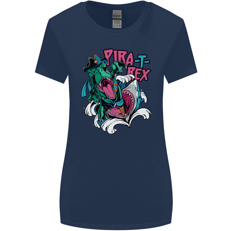 Pirate T-Rex Funny Dinosaur Womens Wider Cut T-Shirt Navy Blue