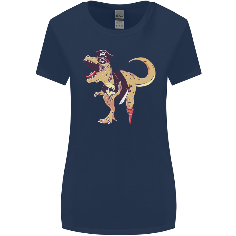 Pirate T-Rex Funny Dinosaur Womens Wider Cut T-Shirt Navy Blue
