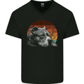 Pitbull Dog Sunset Mens V-Neck Cotton T-Shirt Black